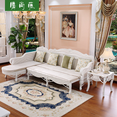 白色藤编实木沙发组合 L型转角贵妃藤木客厅家具 欧式藤椅沙发床 